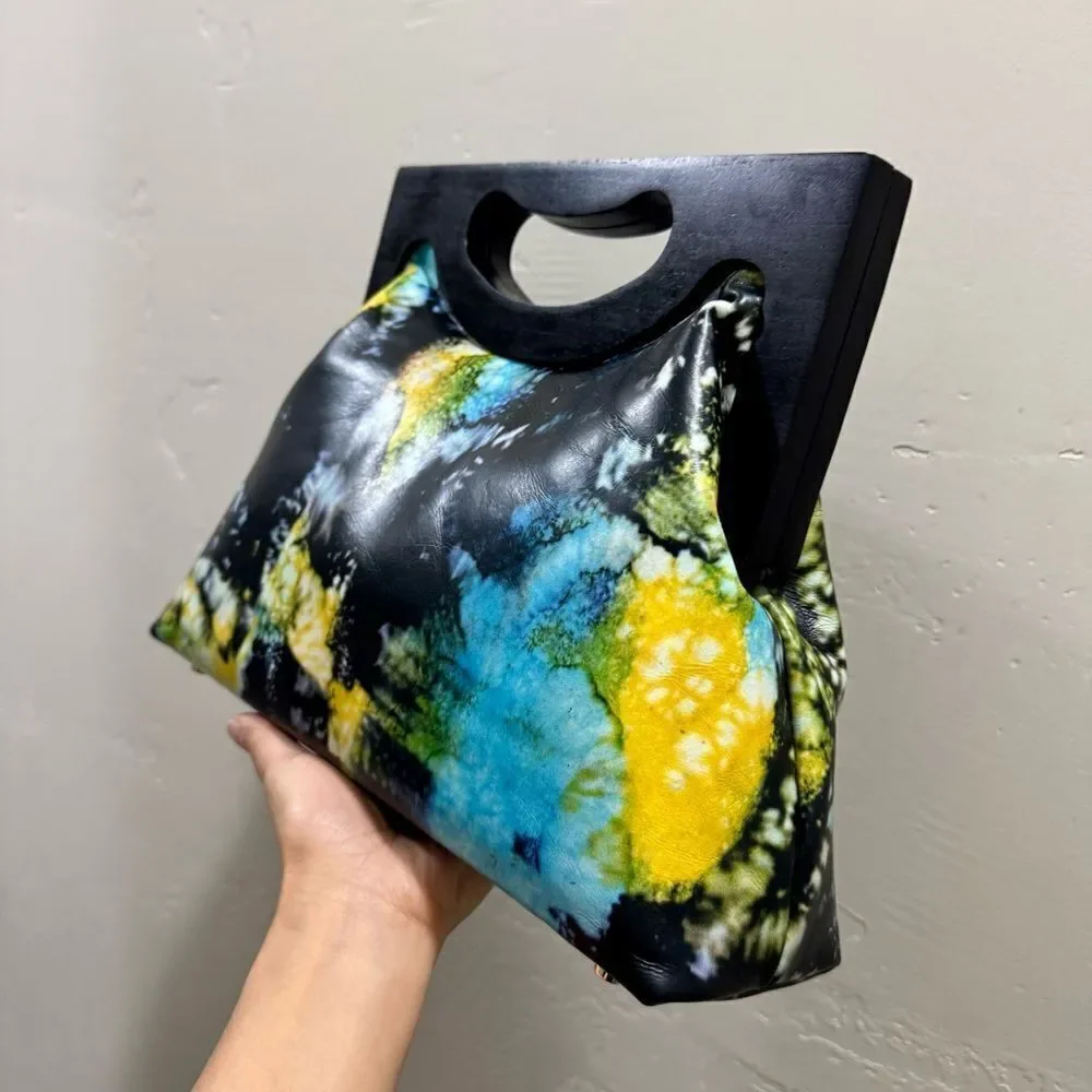 Unique Cowhide Leather Tie-dye Print Handmade Wooden Frame Top Handle Bag